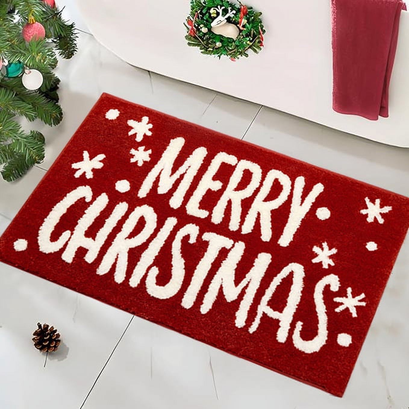 Red Christmas Bathroom Rugs Non Slip Absorbent Door Mat Holiday Bath Mat Christmas Decor for
