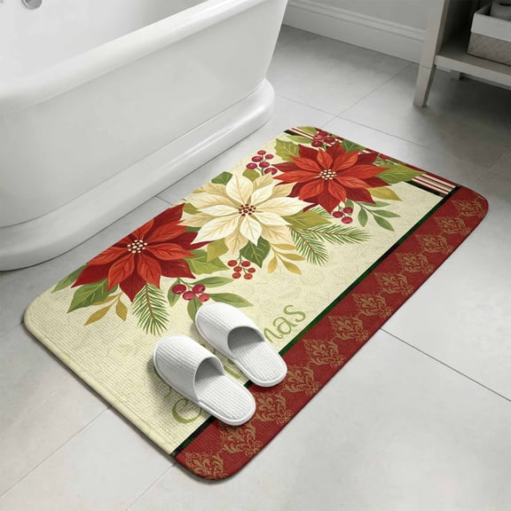 Red Christmas Bathroom Rugs Non Slip Washable Bath Mat Absorbent Front Door Mat Xmas Botanical Floral Berry Leaves Winter Indoor Doormat for Kitchen Entryway Shower Decor Accessories 15.7"x23.6"