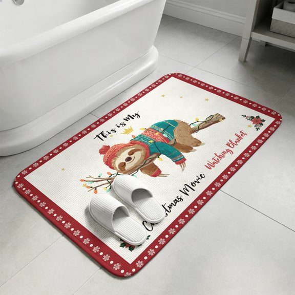 Red Christmas Bathroom Rugs Non Slip Washable Bath Mat Absorbent Low Pile Front Door Mat Sloths Xmas Botanical Winter Indoor Doormat for Kitchen Entryway Shower Decor Accessories 15.7"x23.6"