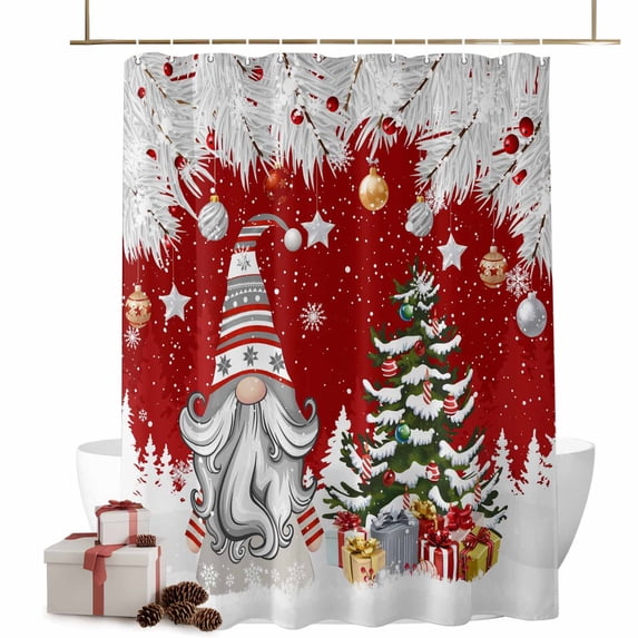Red Christmas Bathroom Shower Curtain Dwarf Present Xmas Ball Snowflake Winter Waterproof Washable Shower Curtains for Bathtub Bath Decor with Grommets and Hook 36 X 72 Inch