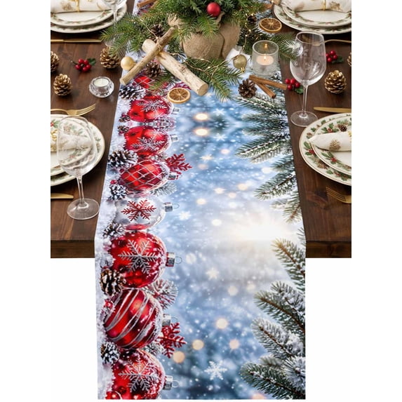 Red Christmas Baubles Table Runner 13 x 36 Inch, Winter Silver ...