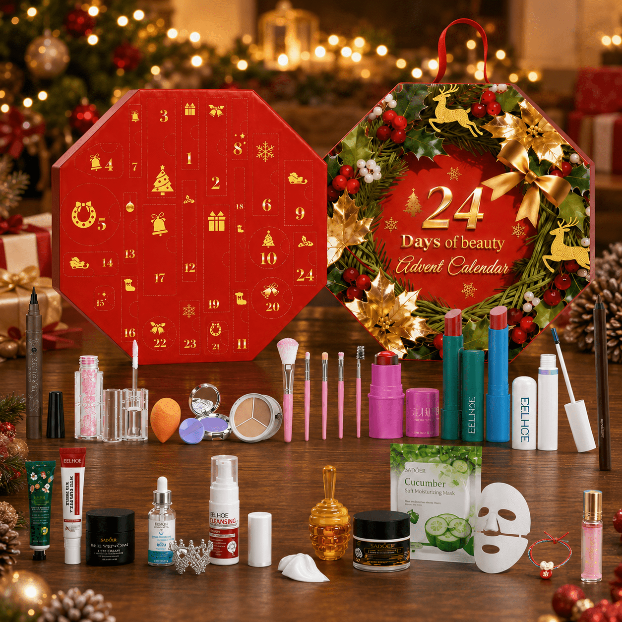 Red Christmas Beauty Advent Calendar Makeup Gift Set With Skincare Items For Women Holiday Countdown Surprise Box 24 Days: Before You Add to Cart