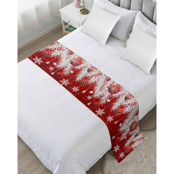 Red Christmas Bed Runner for Full/ Queen Size Bed, Xmas Balls Snowflake Silver Pine Needles Bedspread Protector Slipcover Bed Scarf for Foot Bed Runners & Scarves for Bedroom Hotel 83x20 Inches