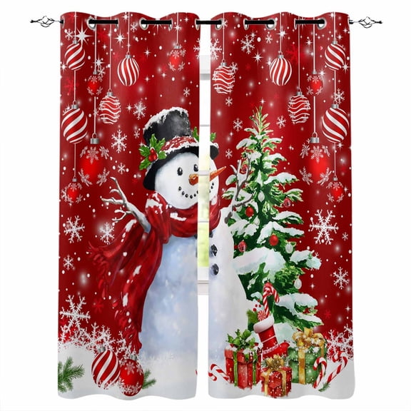 Red Christmas Blackout Curtains 63 Inches Long for Bedroom, Snowman Xmas Tree Ball Gifts Winter Thermal Insulated Room Darkening Black Out Window Curtain Panels Grommet Drapes for Living Room