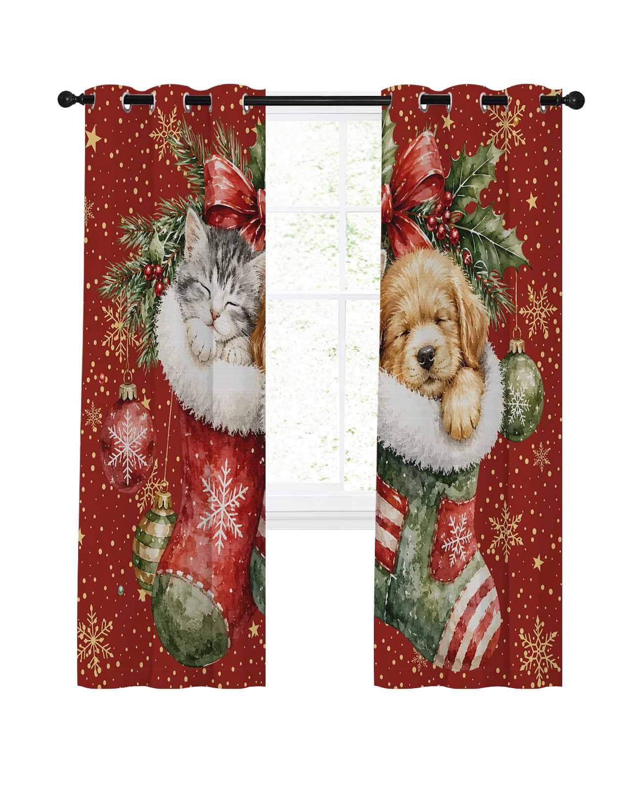 Red Christmas Blackout Curtains 84 Inches Length, Xmas Snowflake Cat ...