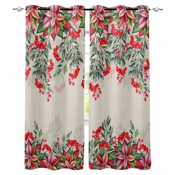Red Christmas Blackout Curtains 90 Inch Length 2 Panels Set for Living Room Bedroom, Poinsettia Berry Xmas Botanical Rustic Privacy Window Treatment Thermal Insulated Black Out Drapes 52"x90"