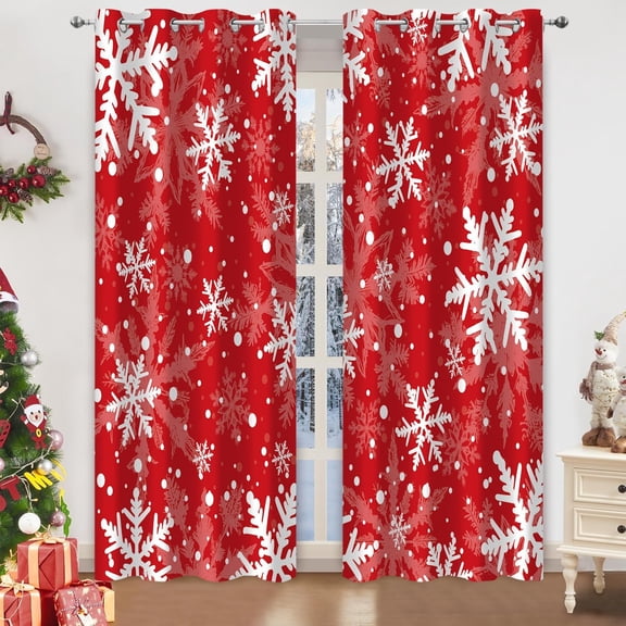 Red Christmas Blackout Curtains, Winter Xmas Snowflake Window Curtain Decor for Bedroom Living Room Living Room Darkening Grommet Window Treatments 2 Panels Set, 52"x84"