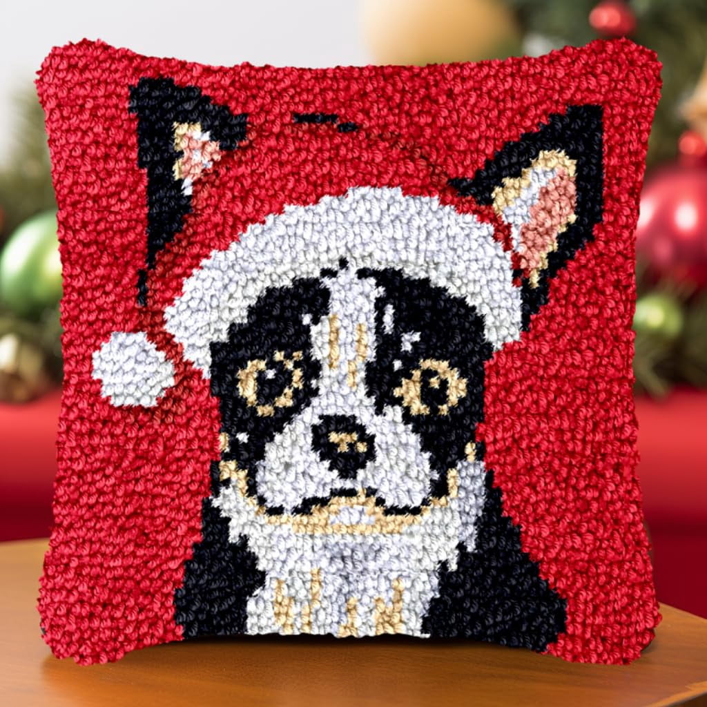 Red Christmas Boston Terrier Latch Hook Pillow Kits for Beginner Needle Crochet Yarn Kits with Stamped Canvas Embroidery Cushion DIY Hook and Latch Throw Pillow Sofa Decoration 43x43cm(1)