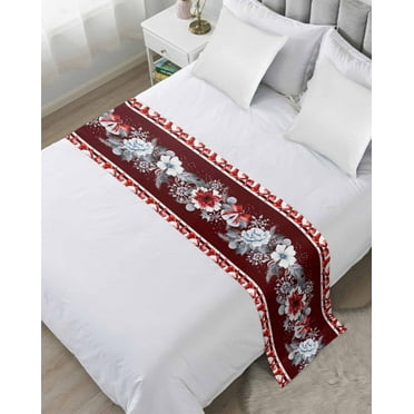 Red Christmas Botanical Bed Runner for Cal. King Size Bed, Xmas Poinsettia Botanical Bedspread Protector Slipcover Bed Scarf for Foot Bed Runners & Scarves for Bedroom Hotel Wedding Room 94x20 Inches