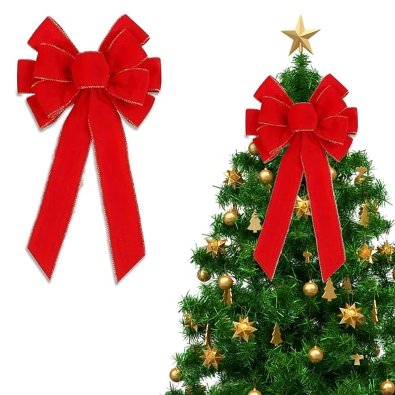 Red Christmas Bow Large Velvet Wreath Bow with Gold Edge Glitter String Xmas Tree Topper Front Door Outdoor Holiday Decor