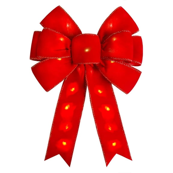 Red Christmas Bows With LED Lights Large Velvet Bow for Wreaths, Tree, Outdoor Decorating, Gold Edge, 12 x 14 Inch