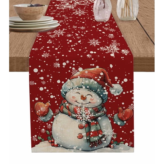 Red Christmas Burlap-Cotton Table Runner 72 Inches Long,Xmas Snowman Snowflake Vintage Farmhouse Table Runners,Outdoor Dining Tablecloths Decor for Baby Shower Party Wedding 14x72