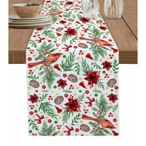 Red Christmas Burlap-Cotton Table Runner 90 Inches Long,Xmas Birds Botanical Berry Poinsettia Farmhouse Table Runners,Outdoor Dining Tablecloths Decor for Baby Shower Party Wedding 13x90