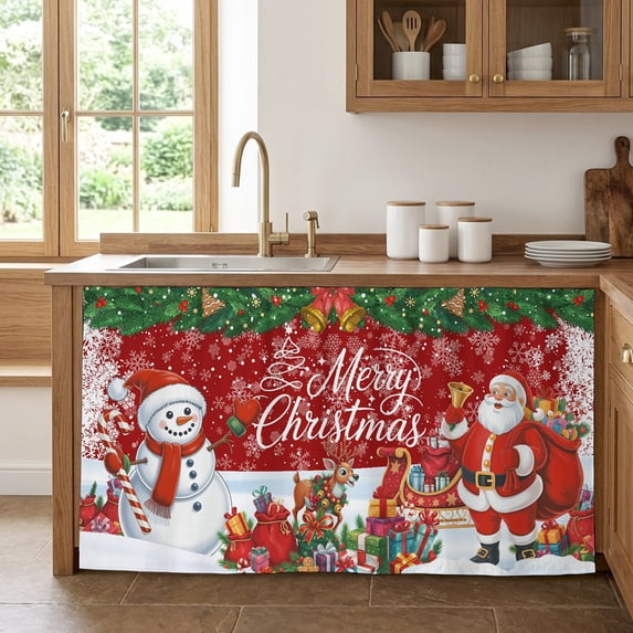 Red Christmas Cabinet Curtain 28"Wx51"L,Dustproof Storage Cabinet Curtain with Self Adhesive Tape,Xmas Snowman Santa Elk Winter Snowflake Tall Pantry Cover Drape for Kitchen,Utility Closet