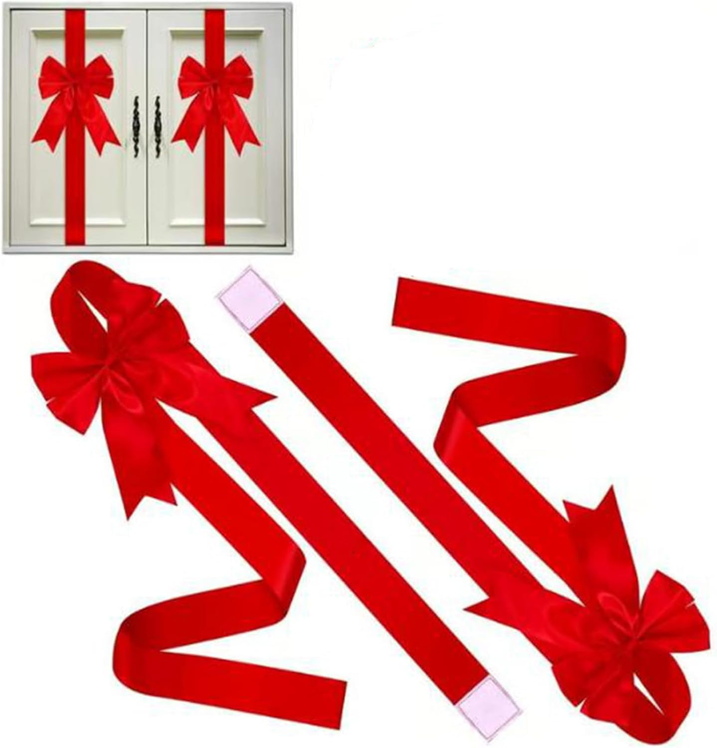 Red Christmas Cabinet Ribbons Bows, Large Red Bow Christmas Door Kitchen Cabinet Ribbon Bows Locker for Xmas Holidays Party Decorations Supplies (Red, 2pc)
