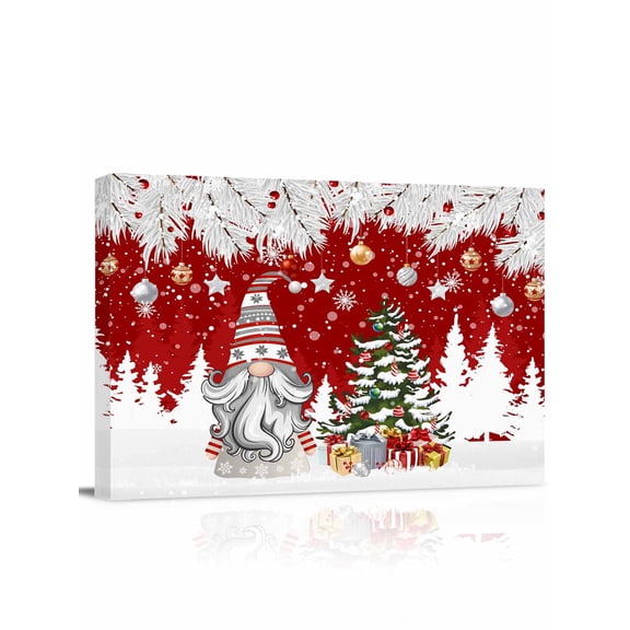Red Christmas Canvas Print Wall Art Framed Canvas Art Wall Decor Dwarf Present Xmas Ball Snowflake Winter Pictures Painting Morden Artwork for Living Room Bedroom, Ready to Hang - 12"x16"