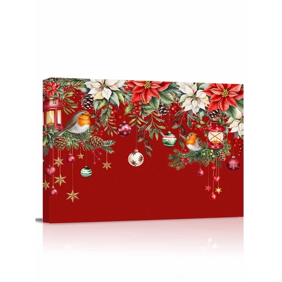Red Christmas Canvas Print Wall Art Framed Canvas Art Wall Decor Xmas Poinsettia Balls Botanical Birds Pictures Painting Morden Artwork for Living Room Bedroom, Ready to Hang - 12"x16"