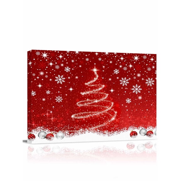 Red Christmas Canvas Print Wall Art Shiny Star Xmas Tree Balls Snowflakes Winter Pictures Painting Morden Artwork for Living Room Bedroom, Ready to Hang - 12"x16"