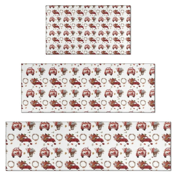 Red Christmas Car and Flower Pattern Kitchen Rugs Sets Of 3,Kitchen Runner Rugs Non Skid Washable,Decorative Kitchen Floor Mats for Kitchen,Sink,Laundry,17"x30"+ 17"x47" + 17"x59"