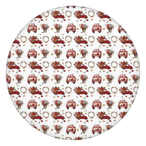 Red Christmas Car and Flower Pattern Round Fitted Tablecloth with Elastic Edge,Dining Table Cover Waterproof,Outdoor Round Tablecloth for Camping,Dining,Indoor and Outdoor