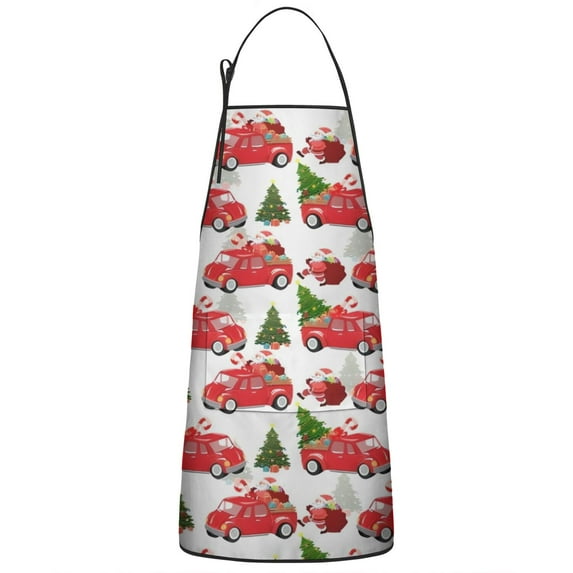 Red Christmas Car Pattern Apron-Garden Aprons for Women with Pockets-Cotton Linen Waterproof Kitchen Cooking Gardening Aprons Adjustable for Kitchen,Cooking,BBQ and Salon 33"x27"
