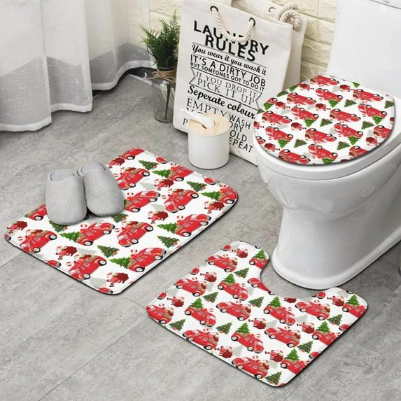 Red Christmas Car Pattern Bathroom Rugs Sets 3 Piece,Toilet Cover Set,Absorbent Non Slip Bathroom Mats Sets with U-Shaped Contour Rug Toilet Rug Set