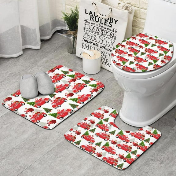 Red Christmas Car Pattern Bathroom Rugs Sets 3 Piece,Toilet Cover Set,Absorbent Non Slip Bathroom Mats Sets with U-Shaped Contour Rug Toilet Rug Set