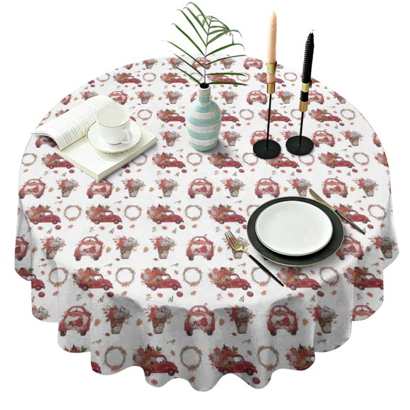 Red Christmas Car and Flower Pattern Round Tablecloth 60"x60",Wrinkle Wipeable Table Cloth for Kitchen Dining Room Picnic Patio Party