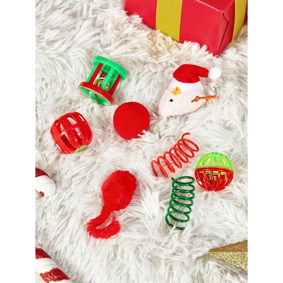 Red Christmas Cat Toy Set With Bell, Spring, Pom-Pom & Snowman