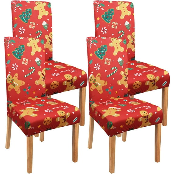Red Christmas Chair Covers Set of 4,Winter Gingerbread Christmas Tree Snowflake Chair Protectors,Elastic Removable Washable Dining Chair Covers for Winter Christmas Kitchen Dining Room Holiday Decor