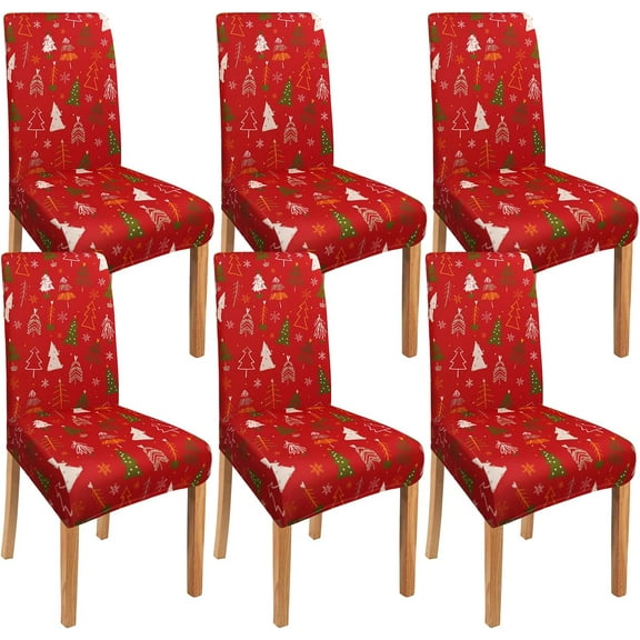 Red Christmas Chair Covers Set of 6,Winter Christmas Tree Snowflake Elk Chair Protectors,Elastic Removable Washable Dining Chair Covers for Winter Christmas Kitchen Dining Room Holiday Decor