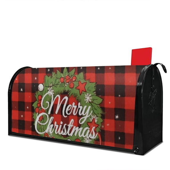 Red Christmas Checkered Leaf Wreath Mailbox Covers Magnetic Letter Box Wrap Standard Size 21x18 Inch Mailbox Decor Post Letter Box Decoration for Outdoor Garden Yard