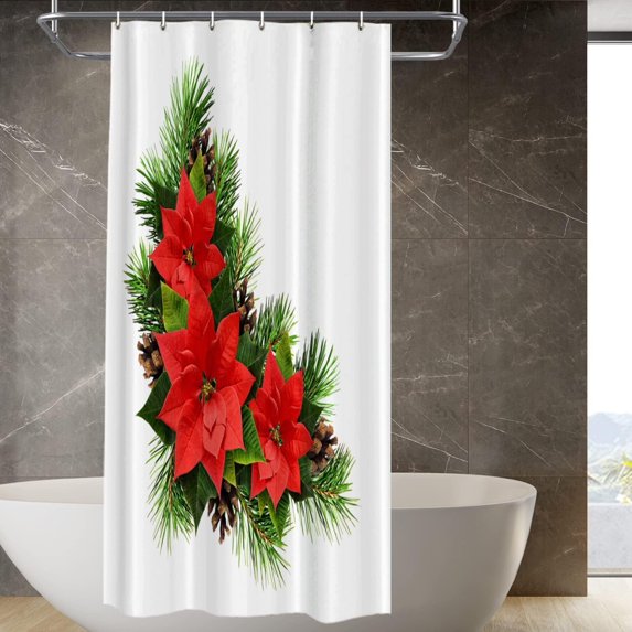 Red Christmas Christmas Decor Shower Curtain,White Flowers Polyester Shower Curtain for Shower Stall Bathroom Waterproof with 6 Hooks 36x72 Inch