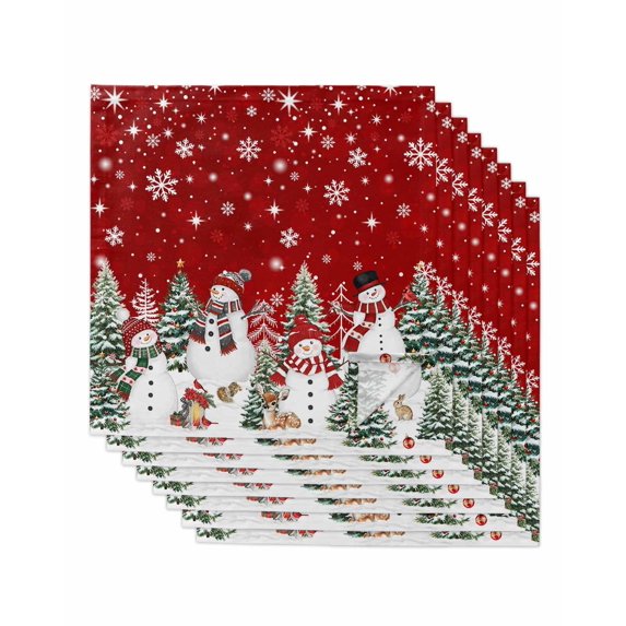 Red Christmas Cloth Napkins Set of 8 Reusable Dinner Napkins, Snowman Snowflake Xmas Tree Winter Cocktail Napkin Washable Table Napkins for Wedding/Holiday Party/Baby Shower 20"x20"