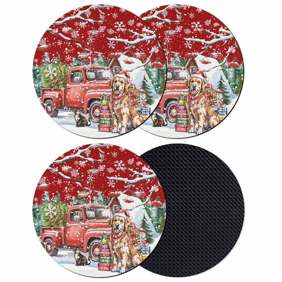 Red Christmas Coasters Set of 4, Absorbent Coasters for Drinks, Xmas Winter Snowflakes Truck Dogs Coaster for Desk Coffee Table Protection, Home Decor House Warming Gifts 4"
