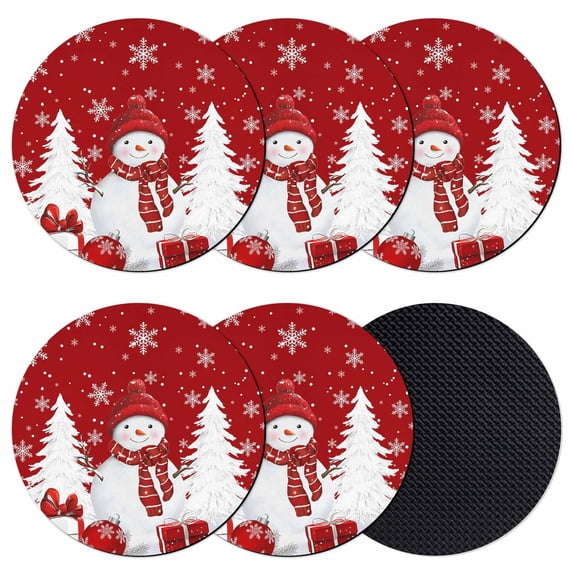 Red Christmas Coasters Set of 6, Absorbent Coasters for Drinks, Snowman Gifts Xmas Tree Winter Snowflake Coaster for Desk Coffee Table Protection, Home Decor House Warming Gifts 4"