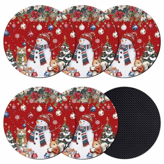 Red Christmas Coasters Set of 6, Absorbent Coasters for Drinks, Snowman Poinsettia Pine Tree Squirrel Cat Coaster for Desk Coffee Table Protection, Home Decor House Warming Gifts 4"