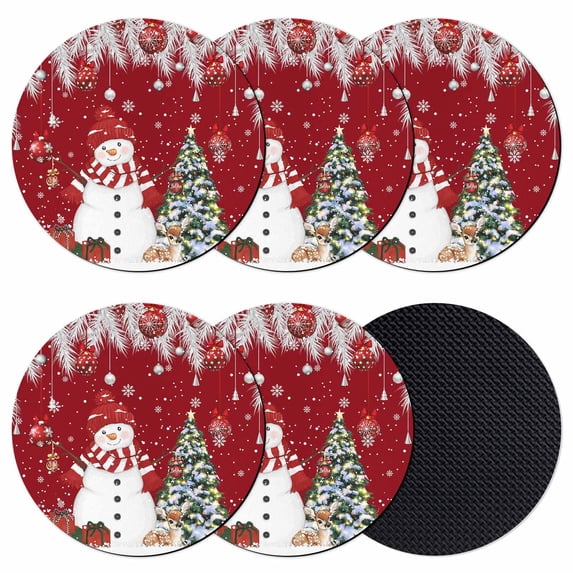 Red Christmas Coasters Set of 6, Absorbent Coasters for Drinks, Snowman Xmas Balls Pine Needle Tree Coaster for Desk Coffee Table Protection, Home Decor House Warming Gifts 4"