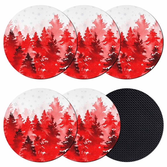 Red Christmas Coasters Set of 6, Absorbent Coasters for Drinks, Winter Snowflake Abstract Forest Tree Coaster for Desk Coffee Table Protection, Home Decor House Warming Gifts 4"