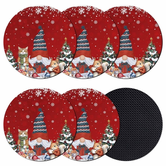 Red Christmas Coasters Set of 6, Absorbent Coasters for Drinks, Xmas Gnomes Cat Pine Tree Winter Snowflake Coaster for Desk Coffee Table Protection, Home Decor House Warming Gifts 4"