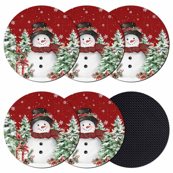 Red Christmas Coasters Set of 6, Absorbent Coasters for Drinks, Xmas Snowman Trees Watercolor Snowflakes Coaster for Desk Coffee Table Protection, Home Decor House Warming Gifts 4"