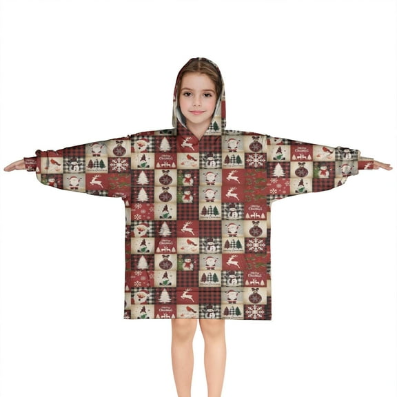 Red Christmas Collage Pattern Blanket Hoodies for Kids 6-13YR Oversize Wearable Blanket Hoodies for Boys Girls Teens