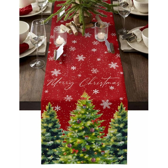 Red Christmas Cotton Linen Table Runner for Dining Kitchen, Xmas Tree Snowflake Winter Botanical Wedding Outdoor Party Tablerunners Decoration, Dresser Scarf Coffee Tablecloth Runners 13x108 Inches