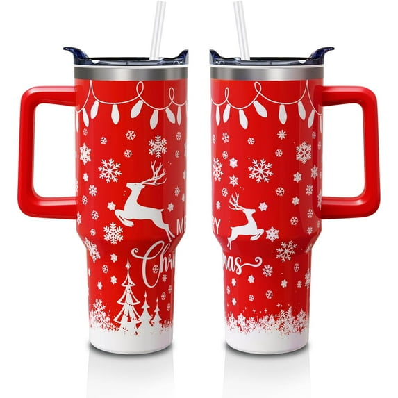 Red Christmas Cup Gifts for Women Men, Snowflake 40oz Tumbler with Handle and Straw, Xmas Winter Stainless Steel Insulated Water Bottle (1 PC)