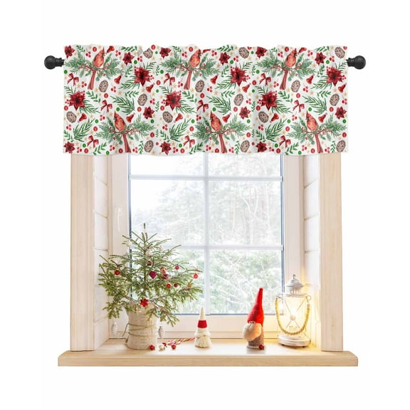 Red Christmas Curtain Valance for Windows/Living Room/Kitchen/Bathroom/Café, Short Rod Pocket Tier Curtain Window Treatment Panel Xmas Birds Botanical Berry Poinsettia Topper Curtain 42''x18''