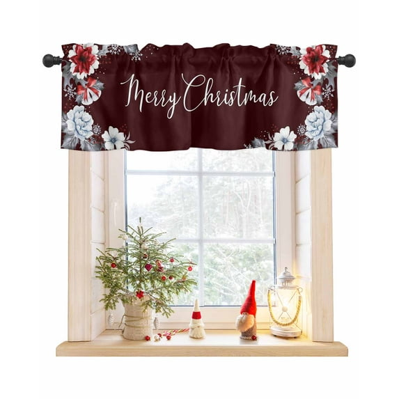 Red Christmas Curtain Valance for Windows/Living Room/Kitchen/Bathroom/Café, Short Rod Pocket Tier Curtain Window Treatment Panel Xmas Poinsettia Grey Botanical Topper Curtain 60''x18''