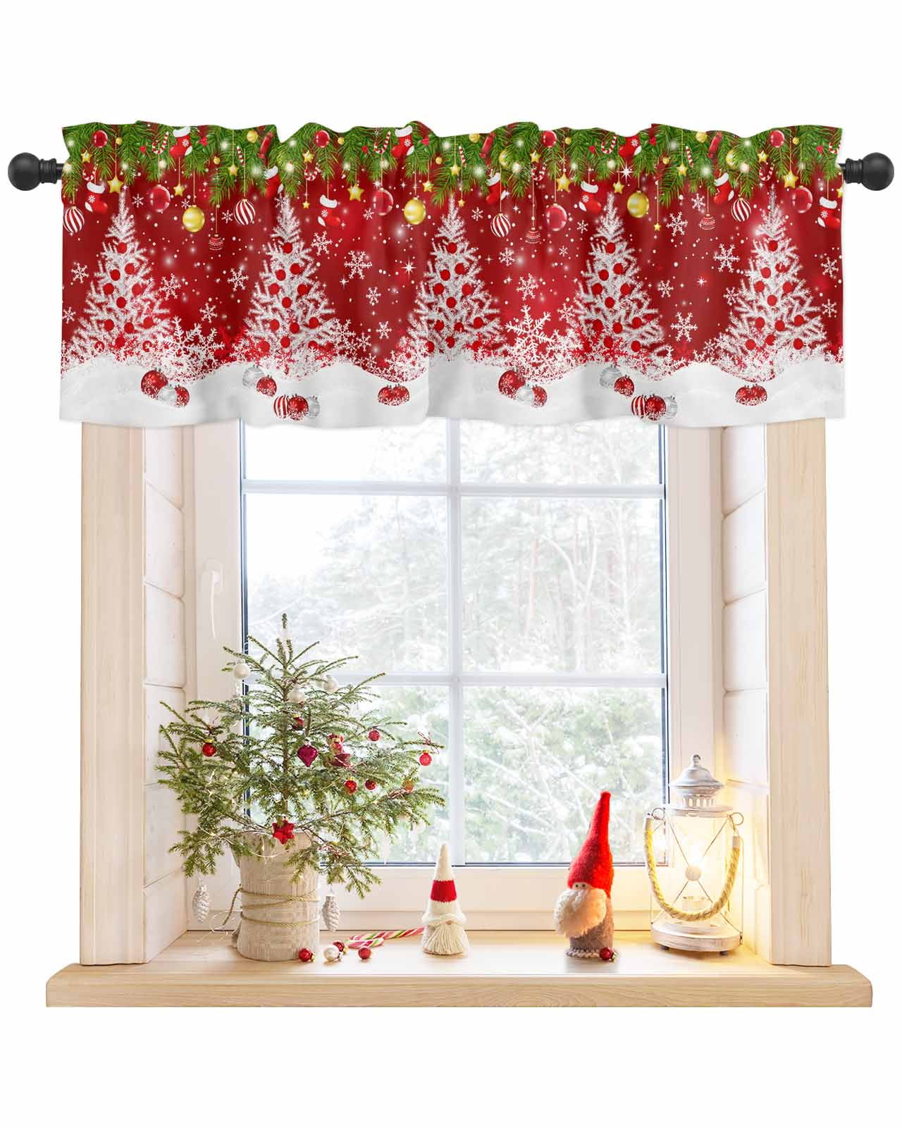 Red Christmas Curtain Valance for Windows Winter Xmas Pine Tree