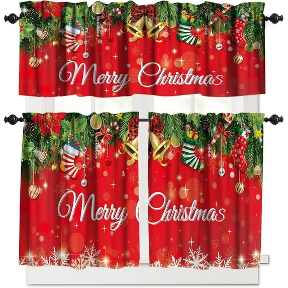 Red Christmas Curtains Valances Set,Merry Xmas Snowflake Decoration Kitchen Window Curtains Tier and Valance Curtain Set for Bedroom Living Room 54x18 & 27x36x2, 3 Panel