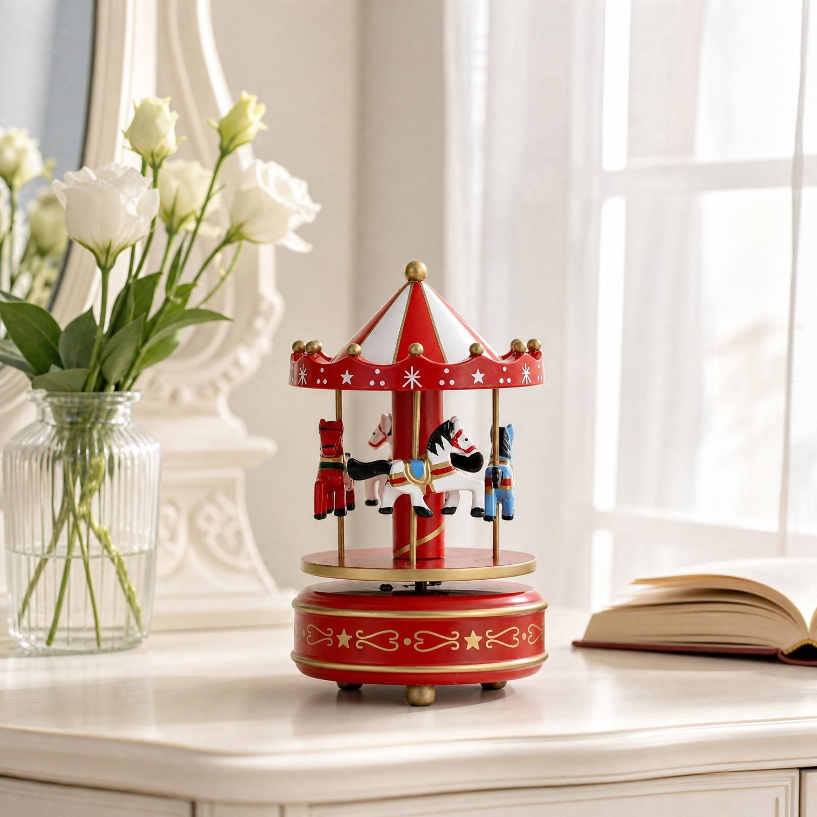 Red Christmas Decor Rotating Carousel Music Box | with Classic Merry-Go ...