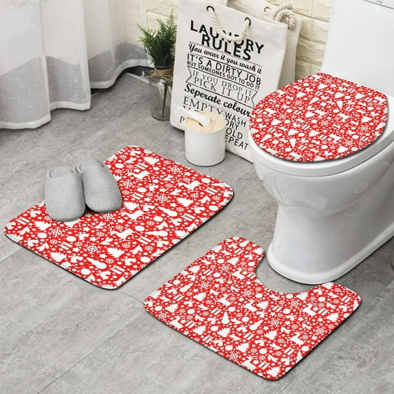 Red Christmas Deer and Gift Pattern Bathroom Rugs Sets 3 Piece,Toilet Cover Set,Absorbent Non Slip Bathroom Mats Sets with U-Shaped Contour Rug Toilet Rug Set